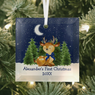 Baby's First Christmas Watercolor Forest Deer Bow Glass Ornament