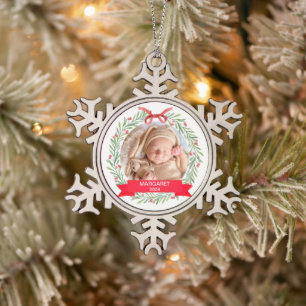 Baby's First Christmas Watercolor Greenery Berries Snowflake Pewter Christmas Ornament