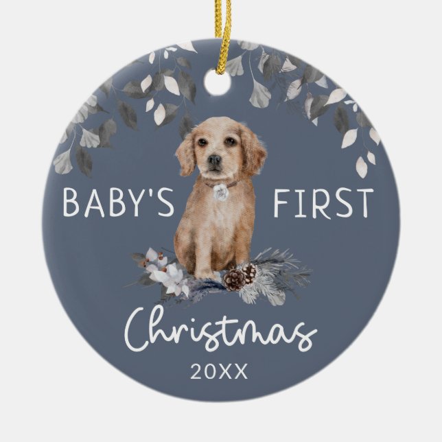 Baby's First Christmas Watercolor Puppy Foliage  Ceramic Ornament (Front)