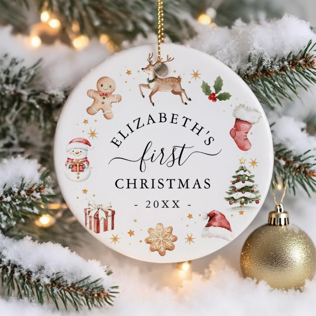 Baby's First Christmas Watercolor Wreath Ceramic Ornament (Creator Uploaded)