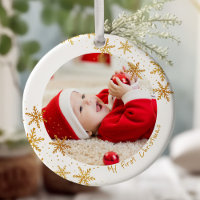 Babys First Christmas White Gold Snowflakes Photo
