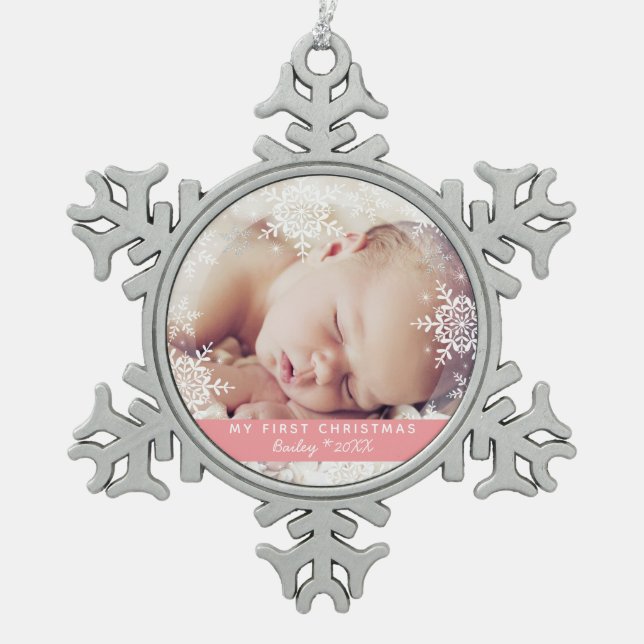 Baby's First Christmas White Silver Glitter Pink Snowflake Pewter Christmas Ornament (Front)