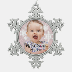 Baby's first christmas white snowflake pewter christmas ornament