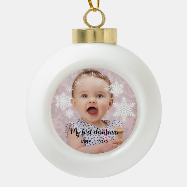 Baby's first christmas white snowflakes  ceramic ball christmas ornament (Front)