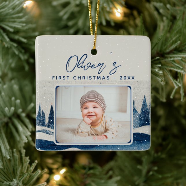 Baby's First Christmas Winter Forest Photo  Ceramic Ornament (Tree)