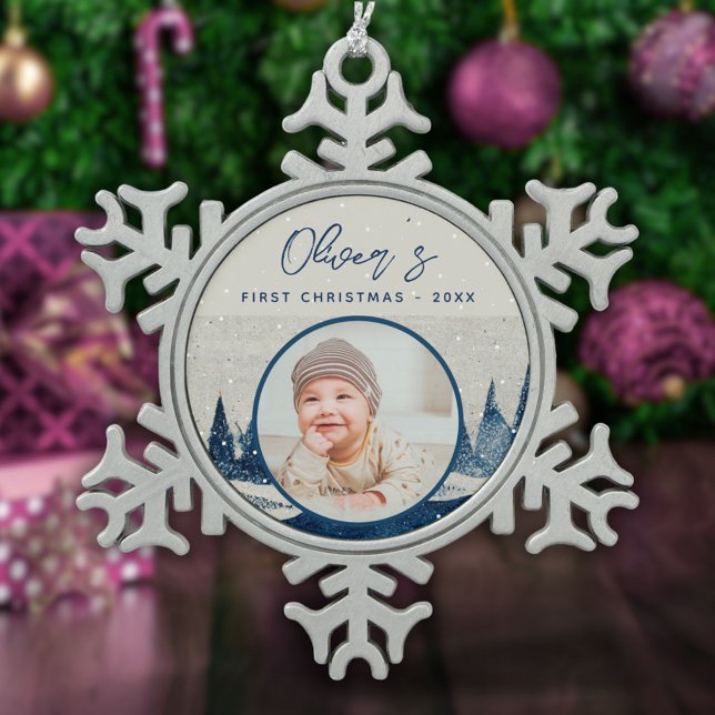 Baby's First Christmas Winter Forest Photo Snowflake Pewter Christmas Ornament (Creator Uploaded)
