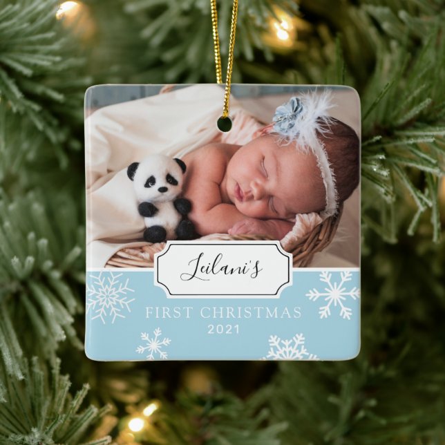 Baby's First Christmas Winter Snowflake Light Blue Ceramic Ornament (Tree)