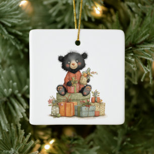 Baby's First Christmas with Cute Bear and Presents Ceramic Ornament