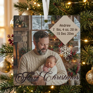 Baby's First Christmas with Dad Snowflakes Photo Glass Ornament