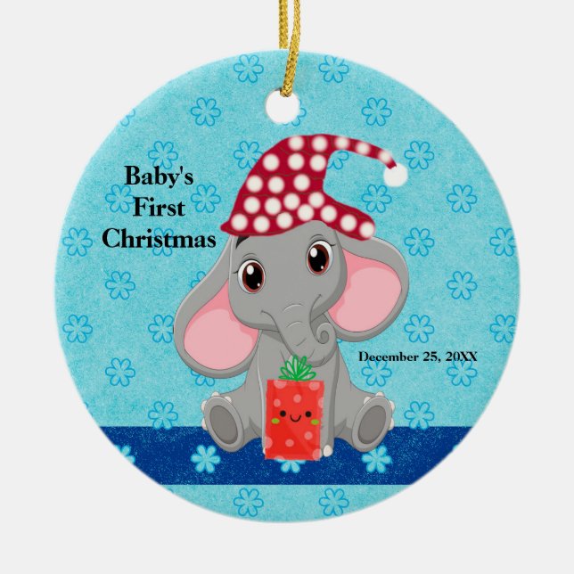 Baby's First Christmas with Elephant Ceramic Ornam Ceramic Ornament (Front)