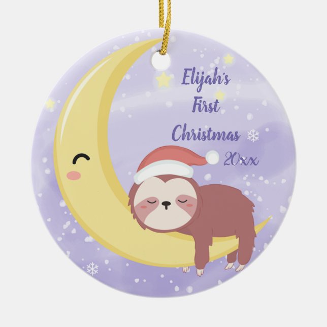 Baby's First Christmas with Sloth and Moon Ceramic Ornament (Front)