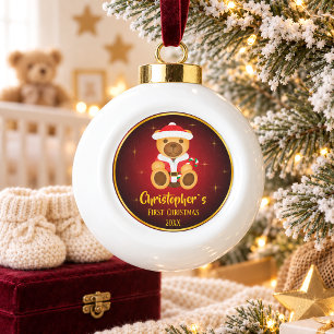Babys First Christmas with Teddy and sparkle Stars Ceramic Ball Christmas Ornament
