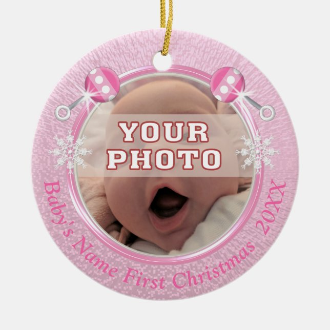 Baby's First Christmas with Your PHOTO and TEXT Ceramic Ornament (Front)