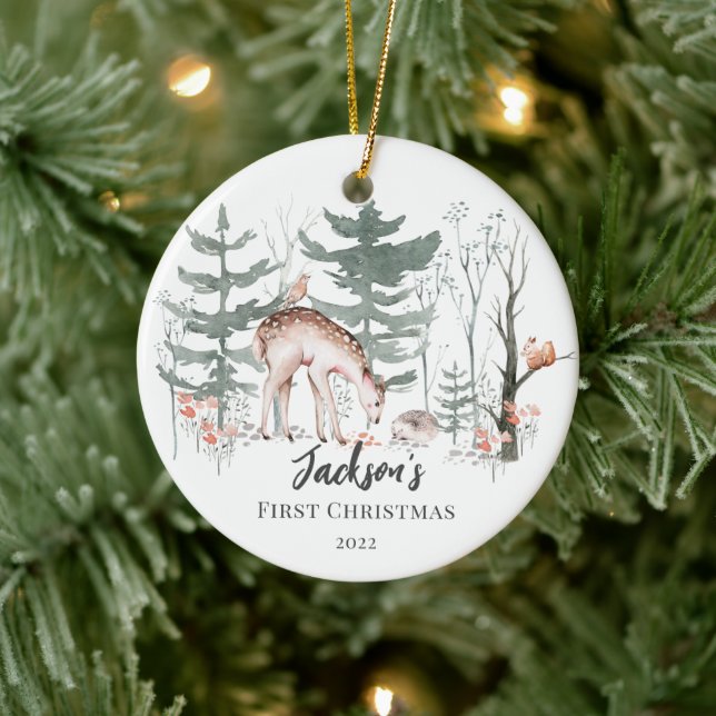 Baby's First Christmas Woodland 2 Sided Photo Ceramic Ornament (Tree)