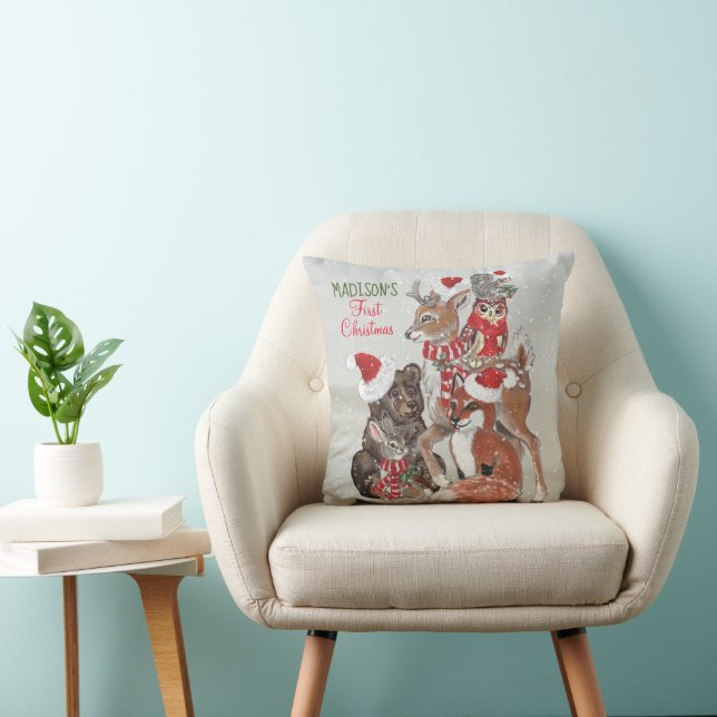 Baby's First Christmas Woodland Animal Deer Custom Throw Pillow (Chair)