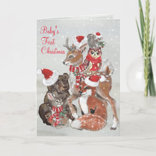 Baby's First Christmas Woodland Animal Snow Custom Holiday Card