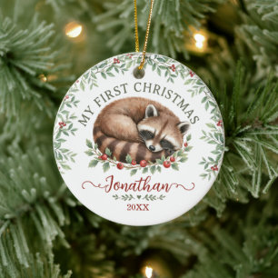 Baby's First Christmas Woodland Raccoon Photo Name Ceramic Ornament