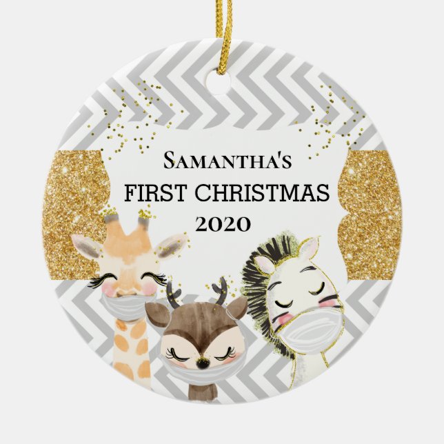 Baby's First Christmas Zebra gold Giraffe 2020 Ceramic Ornament (Front)