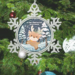 Baby's First Cute Deer Personalized Snowflake Pewter Christmas Ornament<br><div class="desc">Your baby's first Christmas memorialized with their very own precious snowflake pewter keepsake ornament, featuring a cute baby deer (fawn) with a green branch in his antlers prancing in the snow against a dark blue night sky with a heavy snowfall on the trees. "My First Christmas 2023" and a name...</div>