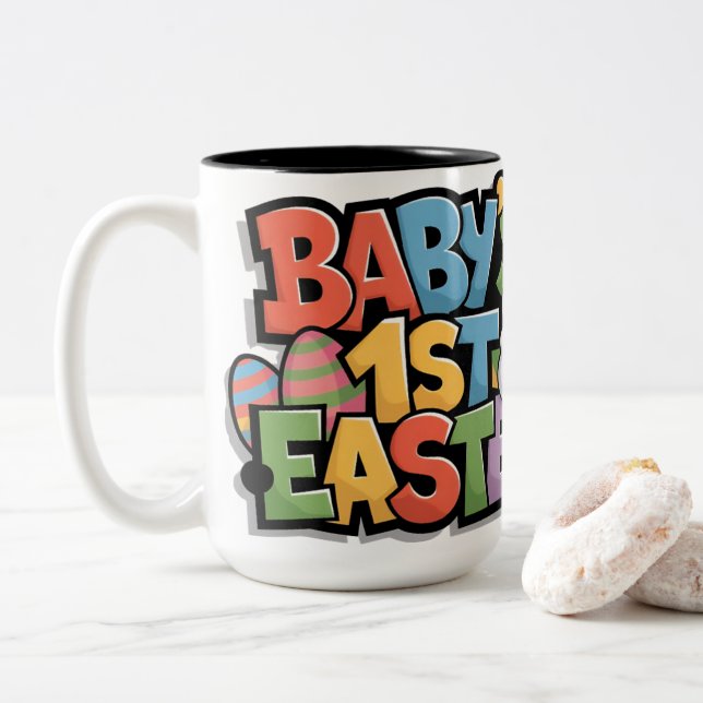Baby's First Easter Colourful Block Lettering & Eg Two-Tone Coffee Mug (With Donut)