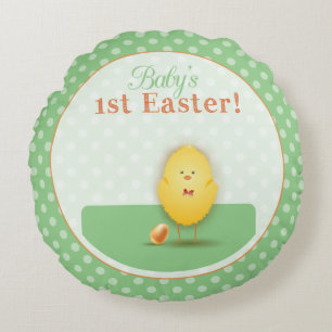 Baby's First Easter Cute Chick With Egg Round Pillow