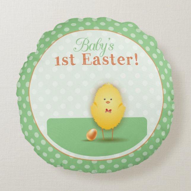 Baby's First Easter Cute Chick With Egg Round Pillow (Front)