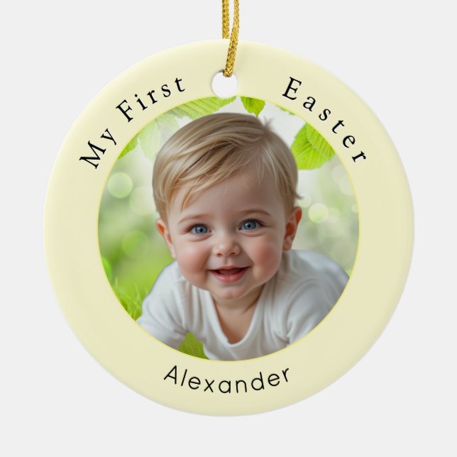 Baby's First Easter Elegant Photo Keepsake Yellow Ceramic Ornament (Front)