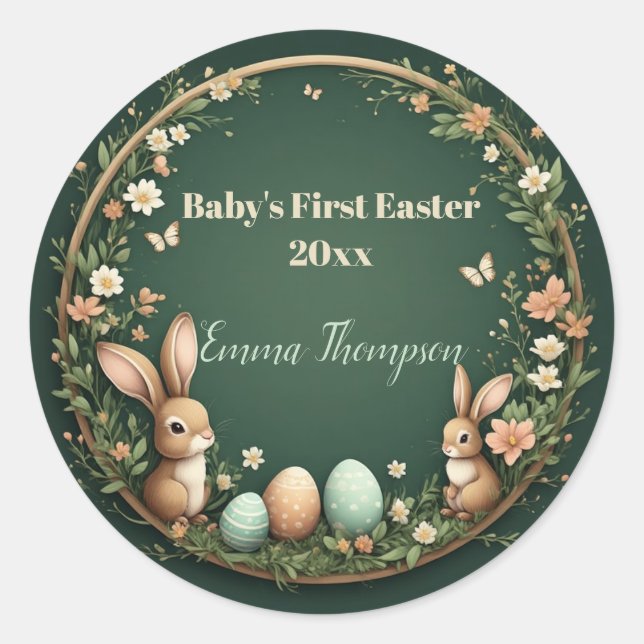 Baby's First Easter Spring Wreath Woodland Animals Classic Round Sticker (Front)