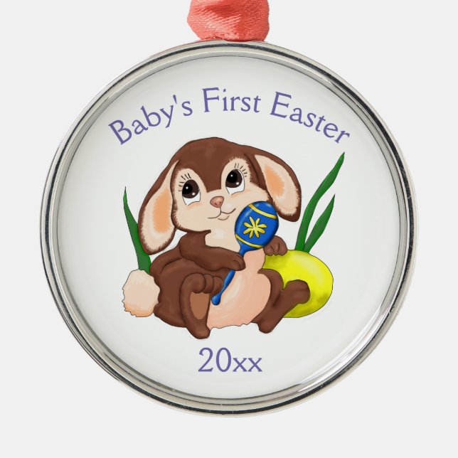 Baby's First Easter with Cute Cartoon Bunny Metal Ornament (Front)