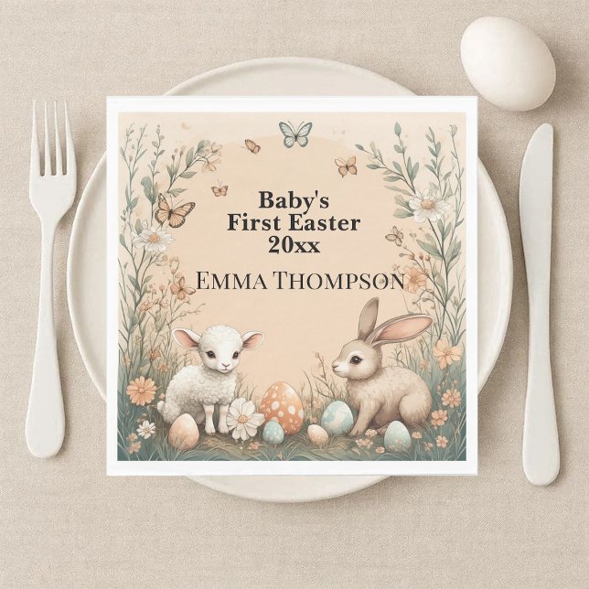 Baby's First Easter Woodland Animals Bunny Lamb Napkin (Baby's First Easter Woodland Animals Bunny Lamb Napkins)