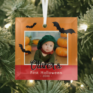 Baby's First Halloween Black Bats Photo Glass Ornament