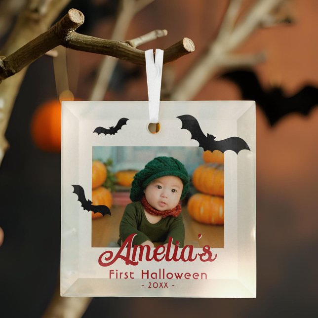 Baby's First Halloween Black Bats Photo  Glass Ornament (Creator Uploaded)