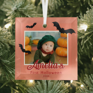Baby's First Halloween Black Bats Photo  Glass Ornament