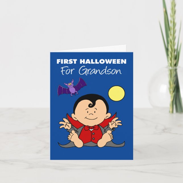 Baby's First Halloween For Grandson Cartoon Bat Holiday Card (Front)