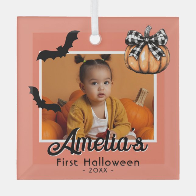 Baby's First Halloween Pumpkin Bats Photo  Glass Ornament (Front)