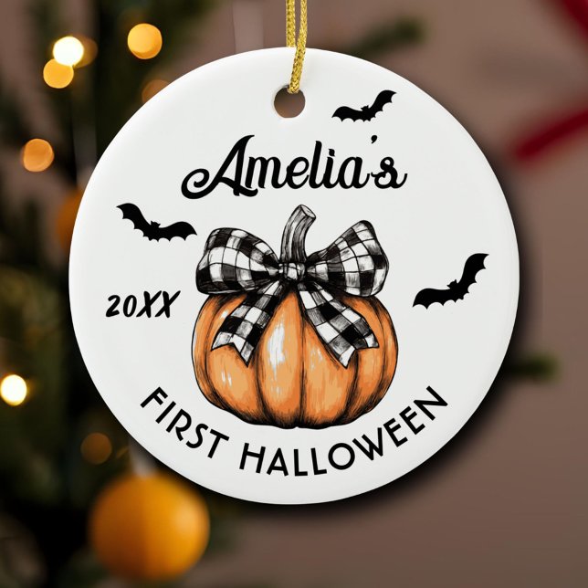 Baby's First Halloween Pumpkin Bow Bats  Ceramic Ornament (Creator Uploaded)