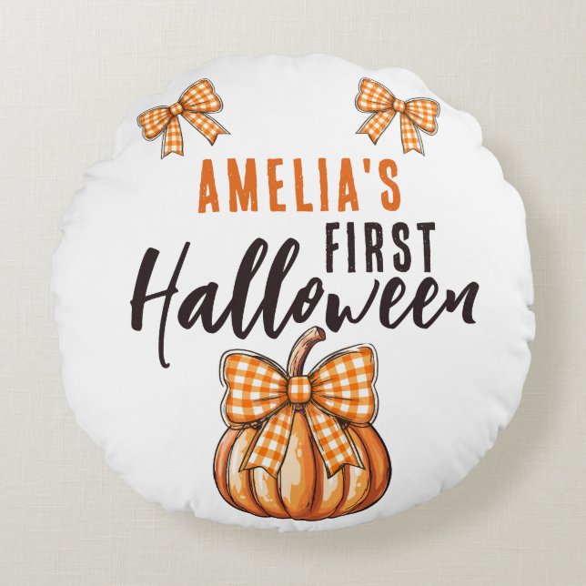 Baby's First Halloween Pumpkin Bow  Round Pillow (Front)