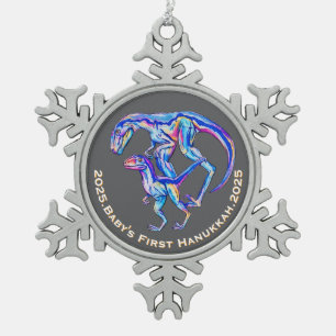 Baby's First Hanukkah 2025 Velociraptor Holiday Snowflake Pewter Christmas Ornament