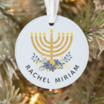 Baby's First Hanukkah | Dated Keepsake Blue & Gold Ornament<br><div class="desc">This keepsake design features baby's name and a watercolor menorah with a flower bouquet on the front side and the year and "First Hanukkah" on the reverse side. If you prefer a different background colour,  choose the customize option. #Hanukkah #Ornaments</div>