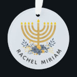 Baby's First Hanukkah | Dated Keepsake Blue & Gold Ornament<br><div class="desc">This keepsake design features baby's name and a watercolor menorah with a flower bouquet on the front side and the year and "First Hanukkah" on the reverse side. If you prefer a different background colour,  choose the customize option. #Hanukkah #Ornaments</div>