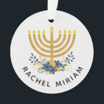 Baby's First Hanukkah | Dated Keepsake Blue & Gold Ornament<br><div class="desc">Our keepsake ornament design features baby's name and a watercolor menorah with a flower bouquet on the front side and the year and "First Hanukkah" on the reverse side. If you prefer a different background colour,  choose the customize option. #Hanukkah #Ornaments #FirstHanukkah</div>