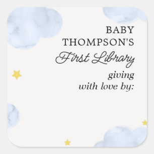 Baby's First Library Bookplate Blue Clouds Square Sticker