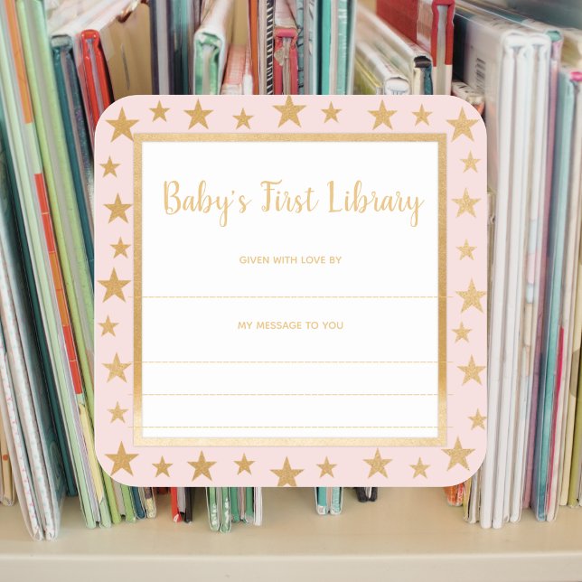 Baby's First Library bookplate, blush pink gold Square Sticker (Creator Uploaded)