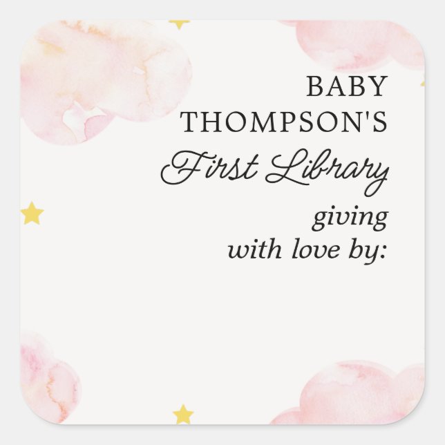 Baby's First Library Bookplate Pink Clouds Square Sticker (Front)