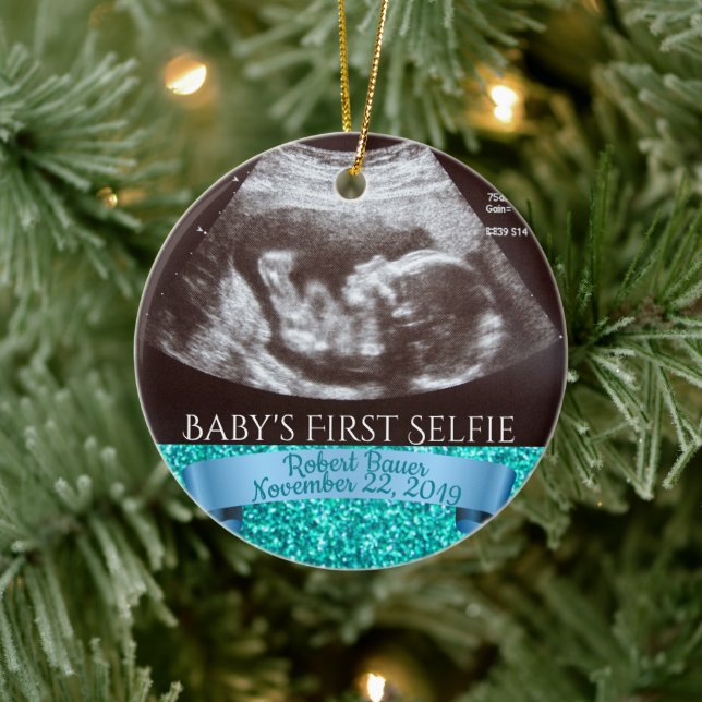Baby's First Selfie (blue background) Ceramic Ornament (Tree)