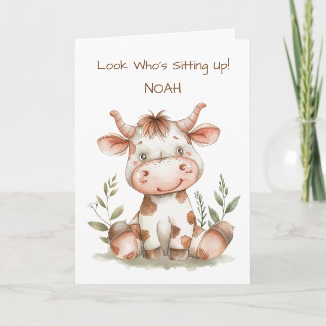 Baby's First Sitting Up Cute Cow Customizable Card (Front)