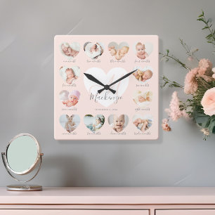 Baby's First Year Heart Photo Keepsake Collage Square Wall Clock