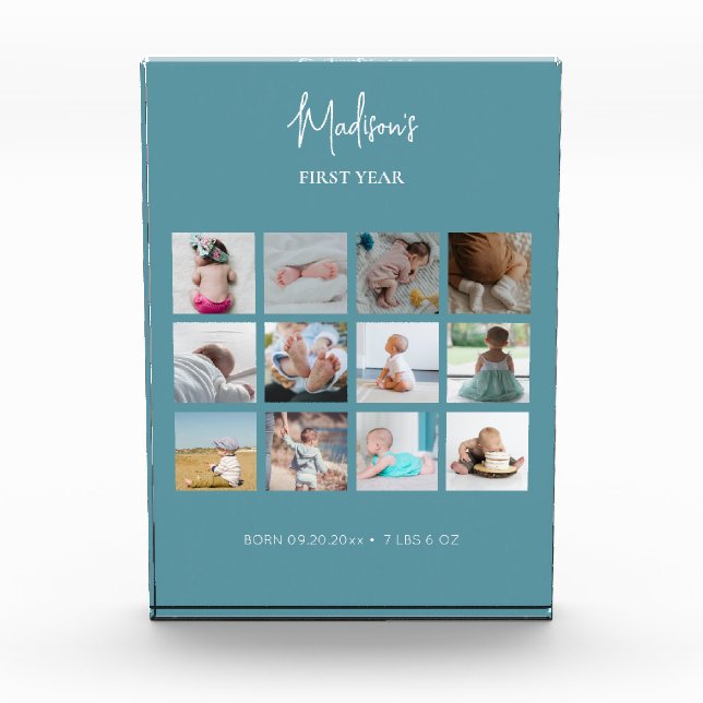 Baby's First Year Photo Collage Birth Stats Blue  Block (Front)