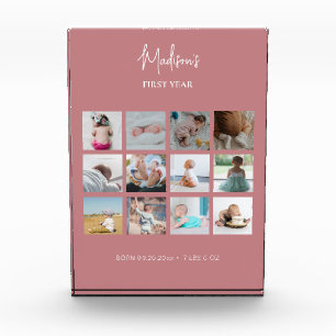 Baby's First Year Photo Collage Birth Stats Pink