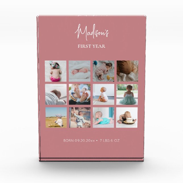 Baby's First Year Photo Collage Birth Stats Pink (Front)